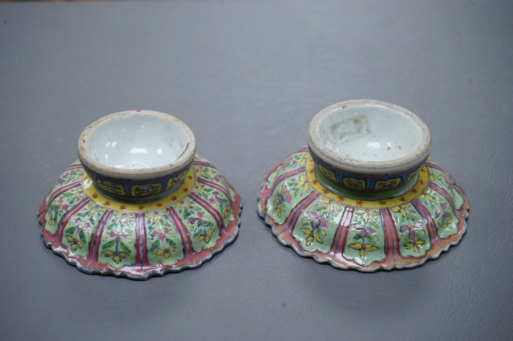 A pair of 19th century Chinese Straits enamelled porcelain stem dishes, top 11cm diameter